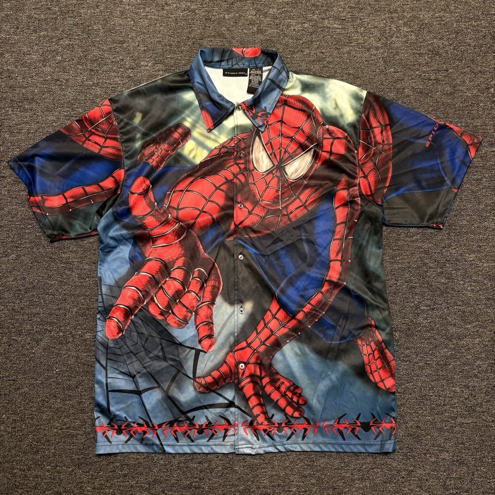 2002 Spiderman Movie Promo Button Up Shirt Sz Large All Over Print Y2K Vintage